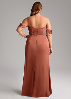 Azazie Saige Bridesmaid Dresses Clay Sheath Off the Shoulder Stretch Satin Dress image11