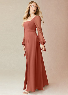 Azazie Leonia Bridesmaid Dresses Clay A-Line Long Sleeve Chiffon Dress image4