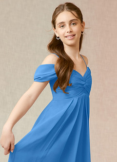 Azazie Kaitlynn Junior Robe Trapèze en Mousseline de soie Épaule décolletée Geai Bleu image6