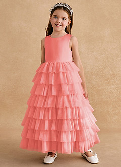 Azazie Twinkle Toes vestidos de niña de las flores Vestido de Coral de Tul de Corte En A con Lazo image2
