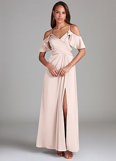 Azazie Dakota Bridesmaid Dresses Blushing Pink A-Line Off the Shoulder Stretch Satin Dress image3