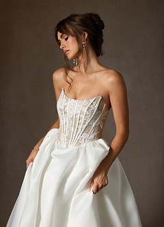 Azazie Mirabeth Wedding Dresses Diamond White Sand Ball-Gown Strapless Lace Dress image5