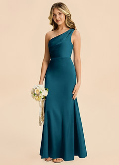 Azazie Ren Junior Ink Blue A-Line Pleated Stretch Satin Dress image2