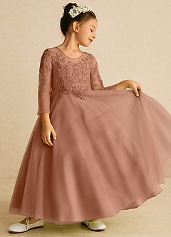 Azazie Precious Flower Girl Dresses Bronzer A-Line Lace Tulle Dress image2