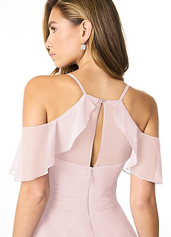 Azazie Dakota Robes de demoiselle d'honneur Robe Trapèze en Mousseline de soie Col V plissé Rose Pâle image4
