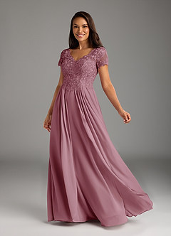 Azazie Dunja Vestidos para mãe da noiva Vestir Vintage Malva de Chiffon de Linha A com Renda image2