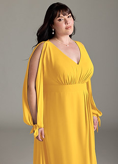 Azazie Matilda Bridesmaid Dresses Marigold A-Line Long Sleeve Chiffon Dress image15