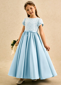 Azazie Cashew Flower Girl Dresses Sky Blue Ball-Gown with Sleeves Matte Satin Dress image3
