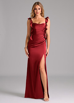 Azazie Jessamine Bridesmaid Dresses Scarlet Sheath Corset Stretch Satin Dress image3