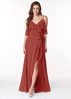 Azazie Vianna Bridesmaid Dresses Terracotta A-Line V-neck Ruched Chiffon Dress image4