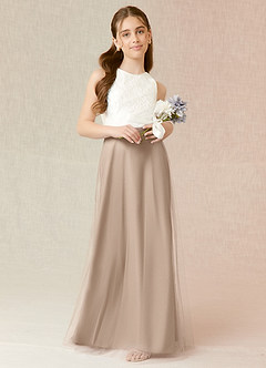 Azazie Albertine Junior Taupe A-Line Lace Chiffon Dress image1