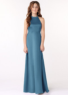 Azazie Laurel Junior Steel Blue A-Line Matte Satin Dress image1