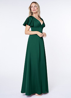 Azazie Lani Robes de demoiselle d'honneur Robe Trapèze en Satin extensible Manche à volants émeraude image4