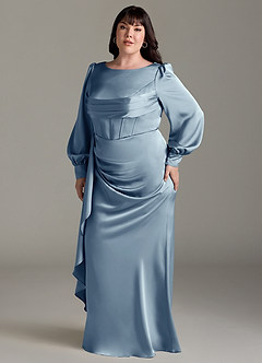 Azazie Raye Bridesmaid Dresses Dusty Blue Mermaid Long Sleeve Stretch Satin Dress image10