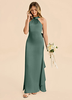 Azazie Ayah Junior Meerjungfrau-Linie Hoher Kragen Stretch-Satin Kleid Eukalyptus image3