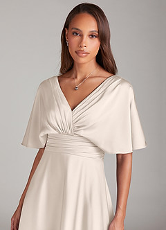 Azazie Pamela Bridesmaid Dresses White Alabaster A-Line Pleated Stretch Satin Dress image5