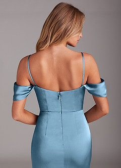 Azazie Saige Bridesmaid Dresses Steel Blue Mermaid Off the Shoulder Stretch Satin Dress image6