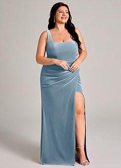 Azazie Mero Abiti da Damigella Abito Sirena in Velluto Plissettato Blu Polveroso image5