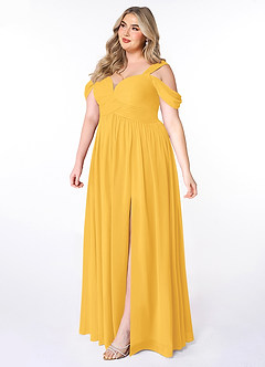 Azazie Lianne Bridesmaid Dresses Marigold A-Line Off the Shoulder Chiffon Dress image9