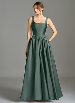 Azazie Verina At-home Try On Dresses Dusty Blue A-Line Pleated Stretch Satin Dress image1