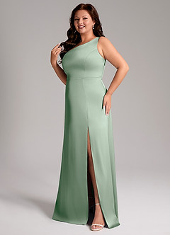 Azazie Phaedra Bridesmaid Dresses Agave A-Line One Shoulder Stretch Satin Dress image12