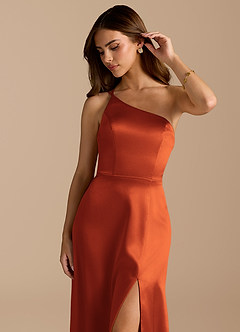 Azazie Trina Bridesmaid Dresses Paprika A-Line One Shoulder Metallic Satin Dress image7