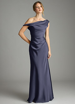 Azazie Emerson Robes de demoiselle d'honneur Robe Sirène en Satin extensible Épaules dénudées Bleu Orageux image1