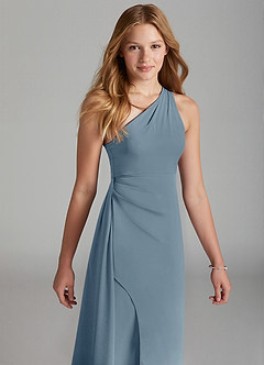 Azazie Maron Junior Dusty Blue A-Line Pleated Stretch Satin Dress image3