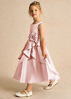 Azazie Hermia Robe Demoiselle D'honneur Fillette Robe Trapèze en Mat Satiné Sans manches Rose Pâle image4