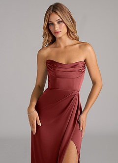 Azazie Johana Bridesmaid Dresses Terracotta Mermaid Off the Shoulder Stretch Satin Convertible Dress image2
