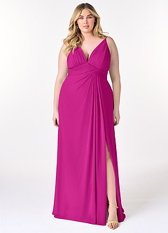 Azazie Maren Allure Vestidos de damas de honor Vestido de Fucsia de Gasa de Corte en A con Cuello en V Encaje image6