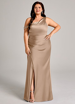 Azazie Madelyn Bridesmaid Dresses Taupe Mermaid One Shoulder Stretch Satin Convertible Dress image1