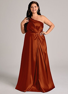 Azazie Brooke Bridesmaid Dresses Auburn A-Line One Shoulder Metallic Satin Dress image10