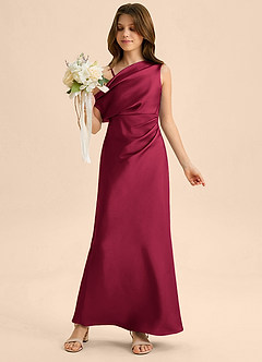 Azazie Emerson Junior Burgundy Sheath Off the Shoulder Stretch Satin Dress image1