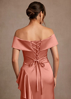 Azazie Kirsty Mother of the Bride Dresses Salmon Pink Sheath Off the Shoulder Stretch Satin Dress image6