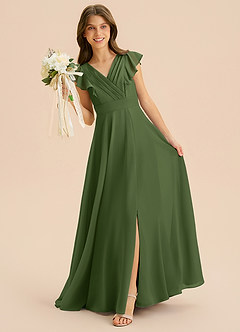 Azazie Anysa Junior Robe Trapèze en Mousseline de soie Rayé Olive image3