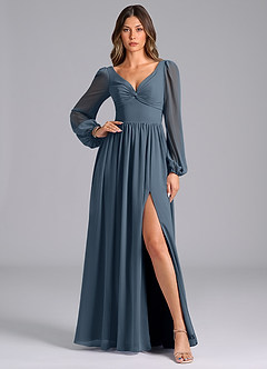 Azazie Teri Robes de demoiselle d'honneur Robe Trapèze en Mousseline de soie Manche longue Neptune image1