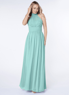 Azazie Iman Vestidos de damas de honor Vestido de Aqua de Gasa de Corte en A con Línea A fruncida image4