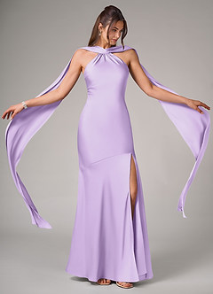 Azazie Kinsley Robes de demoiselle d'honneur Robe Sirène en Satin extensible Fente Latérale Lilas image2