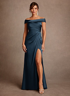 Azazie Bedford Mother of the Bride Dresses Dark Navy Sheath Pleated Stretch Satin Dress image1