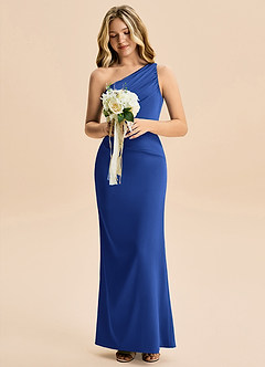 Azazie Akilah Junior Robe Fourreau en Satin extensible Plissée Bleu Roi image4