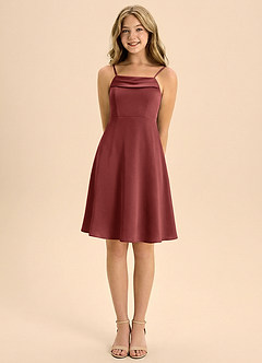 Azazie Anselie Junior Terracotta A-Line Off the Shoulder Stretch Satin Dress image5