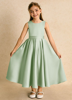Azazie Junebuj vestidos de niña de las flores Vestido de Salvia Polvorienta de Satin Mate de Princesa con Plisado image4