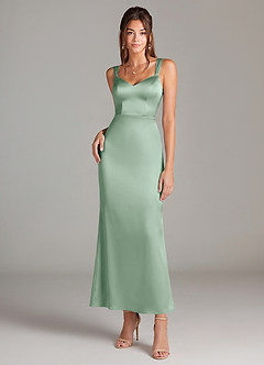 Azazie Denice Bridesmaid Dresses Agave Sheath Pleated Stretch Satin Dress image3