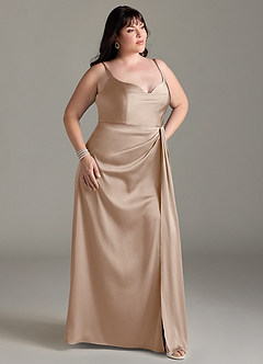 Azazie Brielle Bridesmaid Dresses Taupe A-Line Cowl Spaghetti Straps Stretch Satin Dress image9