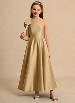 Azazie Guppy Girls Formal Flower Girl Dresses Gold A-Line One Shoulder Matte Satin Dress image3