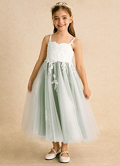 Azazie Coraline Blumenmädchenkleider A-Linie Spitze Kleid Elfenbein Staubiger Salbei image1