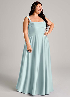 Azazie Shaude Vestidos de damas de honor Vestido de Neblina de Satén Elástico de Corte en A con Plisado image10