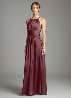 Azazie Bonnie Vestidos de damas de honor Vestido de Sangrado de Satén Elástico de Corte en A con Plisado image1