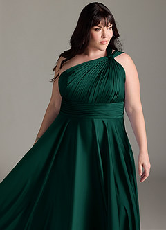 Azazie Charlize Bridesmaid Dresses Emerald A-Line One Shoulder Stretch Satin Dress image15